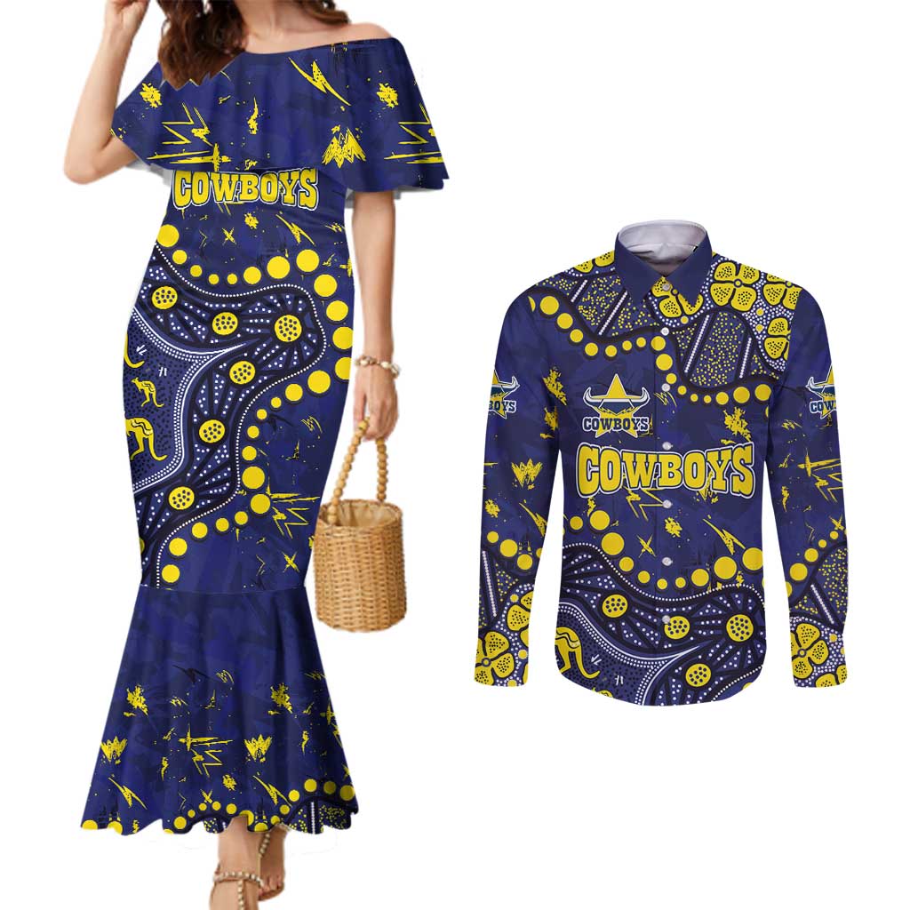 Personalized North Queensland Cowboys Couples Matching Mermaid Dress and Long Sleeve Button Shirt Aboriginal Pattern with Graffiti Style Design