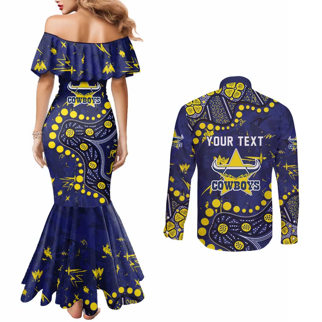 Personalized North Queensland Cowboys Couples Matching Mermaid Dress and Long Sleeve Button Shirt Aboriginal Pattern with Graffiti Style Design