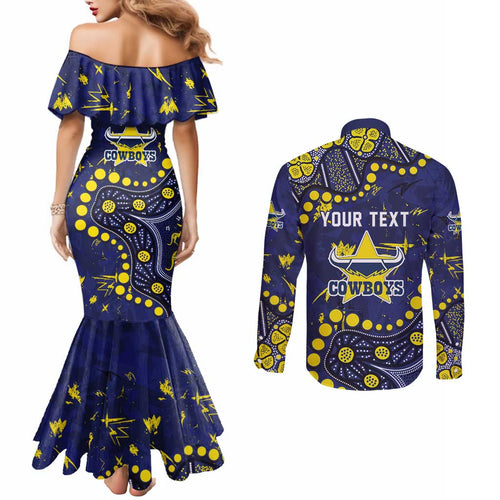 Personalized North Queensland Cowboys Couples Matching Mermaid Dress and Long Sleeve Button Shirt Aboriginal Pattern with Graffiti Style Design
