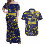 Personalized North Queensland Cowboys Couples Matching Off Shoulder Maxi Dress and Hawaiian Shirt Aboriginal Pattern with Graffiti Style Design