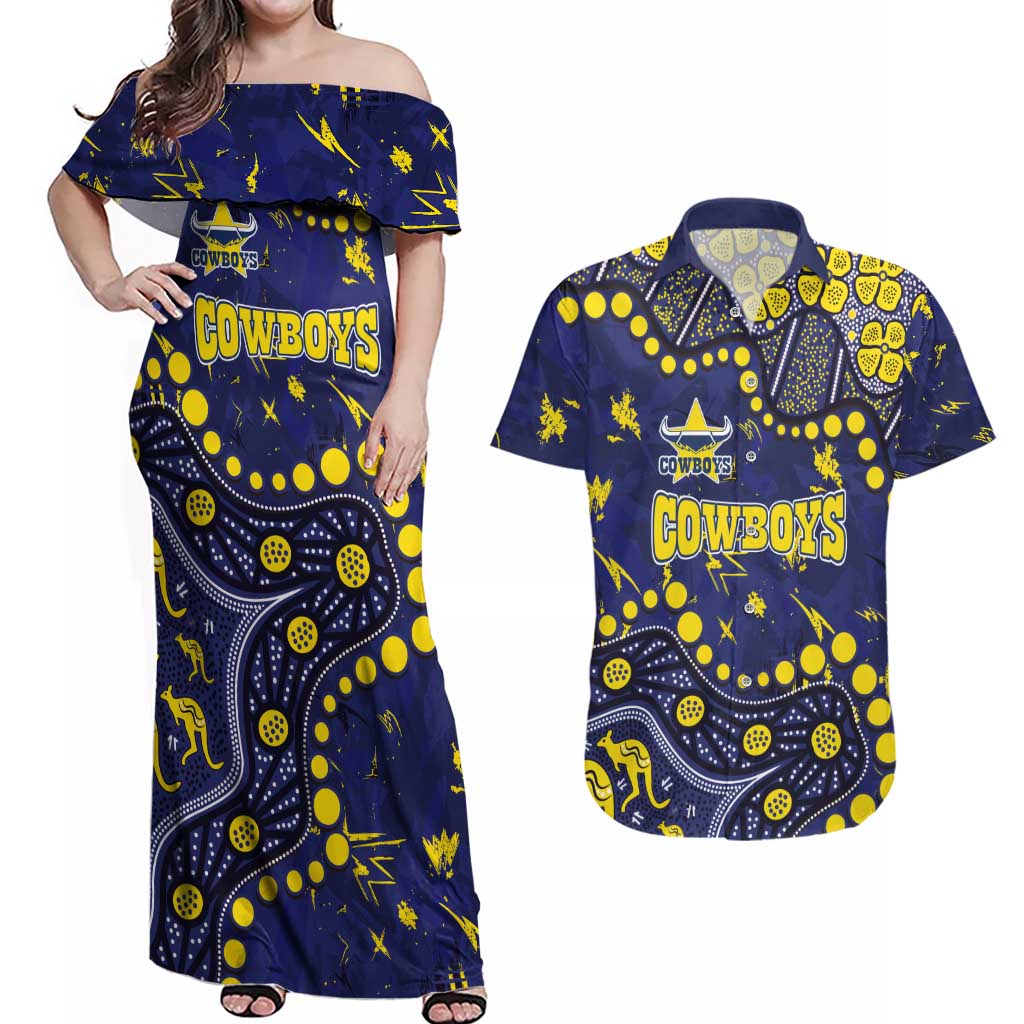 Personalized North Queensland Cowboys Couples Matching Off Shoulder Maxi Dress and Hawaiian Shirt Aboriginal Pattern with Graffiti Style Design