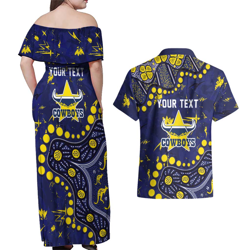 Personalized North Queensland Cowboys Couples Matching Off Shoulder Maxi Dress and Hawaiian Shirt Aboriginal Pattern with Graffiti Style Design