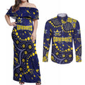 Personalized North Queensland Cowboys Couples Matching Off Shoulder Maxi Dress and Long Sleeve Button Shirt Aboriginal Pattern with Graffiti Style Design