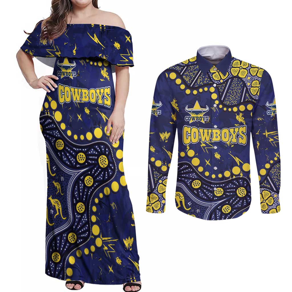 Personalized North Queensland Cowboys Couples Matching Off Shoulder Maxi Dress and Long Sleeve Button Shirt Aboriginal Pattern with Graffiti Style Design