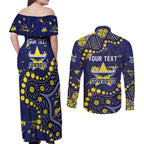 Personalized North Queensland Cowboys Couples Matching Off Shoulder Maxi Dress and Long Sleeve Button Shirt Aboriginal Pattern with Graffiti Style Design