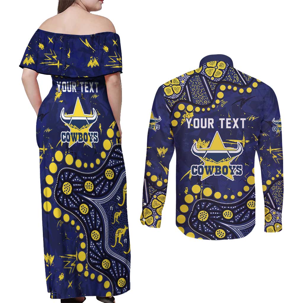 Personalized North Queensland Cowboys Couples Matching Off Shoulder Maxi Dress and Long Sleeve Button Shirt Aboriginal Pattern with Graffiti Style Design