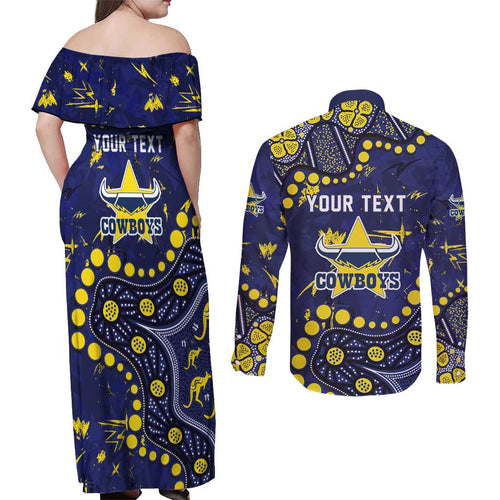 Personalized North Queensland Cowboys Couples Matching Off Shoulder Maxi Dress and Long Sleeve Button Shirt Aboriginal Pattern with Graffiti Style Design