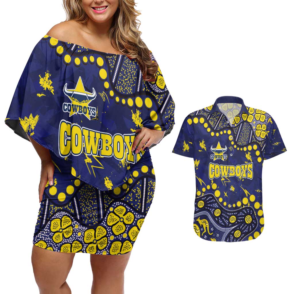 Personalized North Queensland Cowboys Couples Matching Off Shoulder Short Dress and Hawaiian Shirt Aboriginal Pattern with Graffiti Style Design