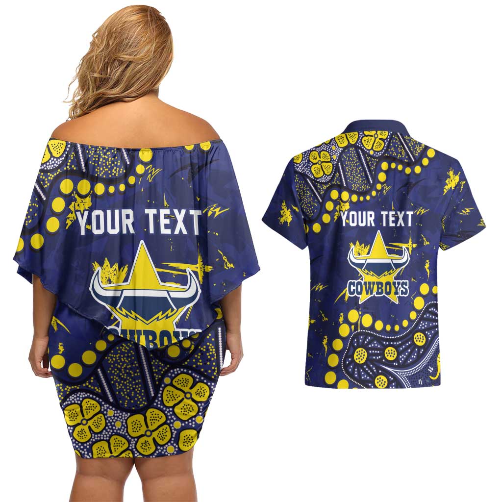 Personalized North Queensland Cowboys Couples Matching Off Shoulder Short Dress and Hawaiian Shirt Aboriginal Pattern with Graffiti Style Design