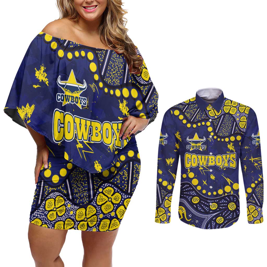 Personalized North Queensland Cowboys Couples Matching Off Shoulder Short Dress and Long Sleeve Button Shirt Aboriginal Pattern with Graffiti Style Design