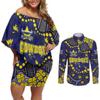 Personalized North Queensland Cowboys Couples Matching Off Shoulder Short Dress and Long Sleeve Button Shirt Aboriginal Pattern with Graffiti Style Design