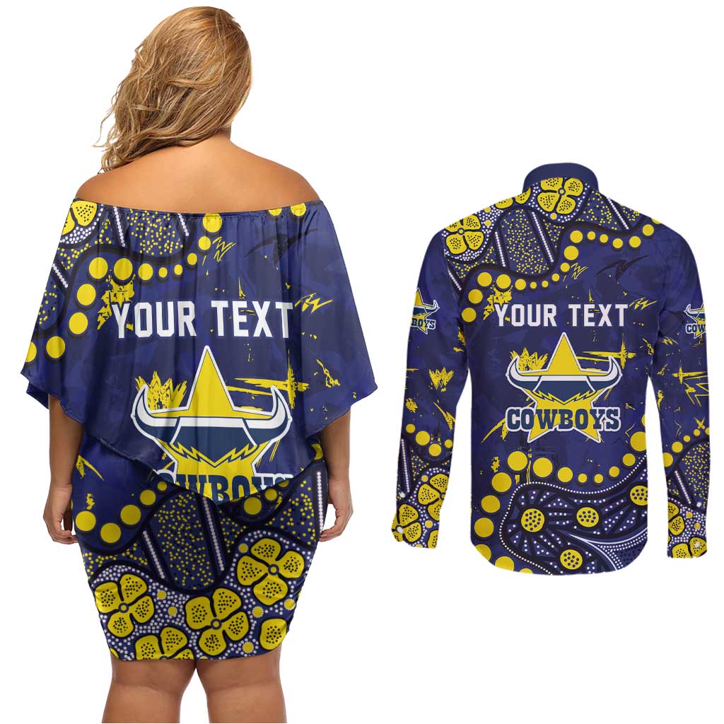 Personalized North Queensland Cowboys Couples Matching Off Shoulder Short Dress and Long Sleeve Button Shirt Aboriginal Pattern with Graffiti Style Design