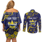 Personalized North Queensland Cowboys Couples Matching Off Shoulder Short Dress and Long Sleeve Button Shirt Aboriginal Pattern with Graffiti Style Design