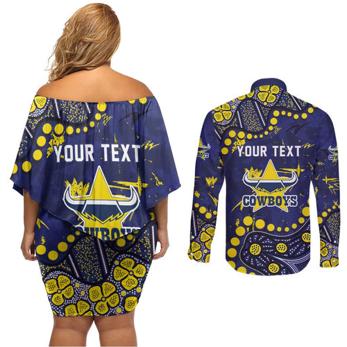 Personalized North Queensland Cowboys Couples Matching Off Shoulder Short Dress and Long Sleeve Button Shirt Aboriginal Pattern with Graffiti Style Design