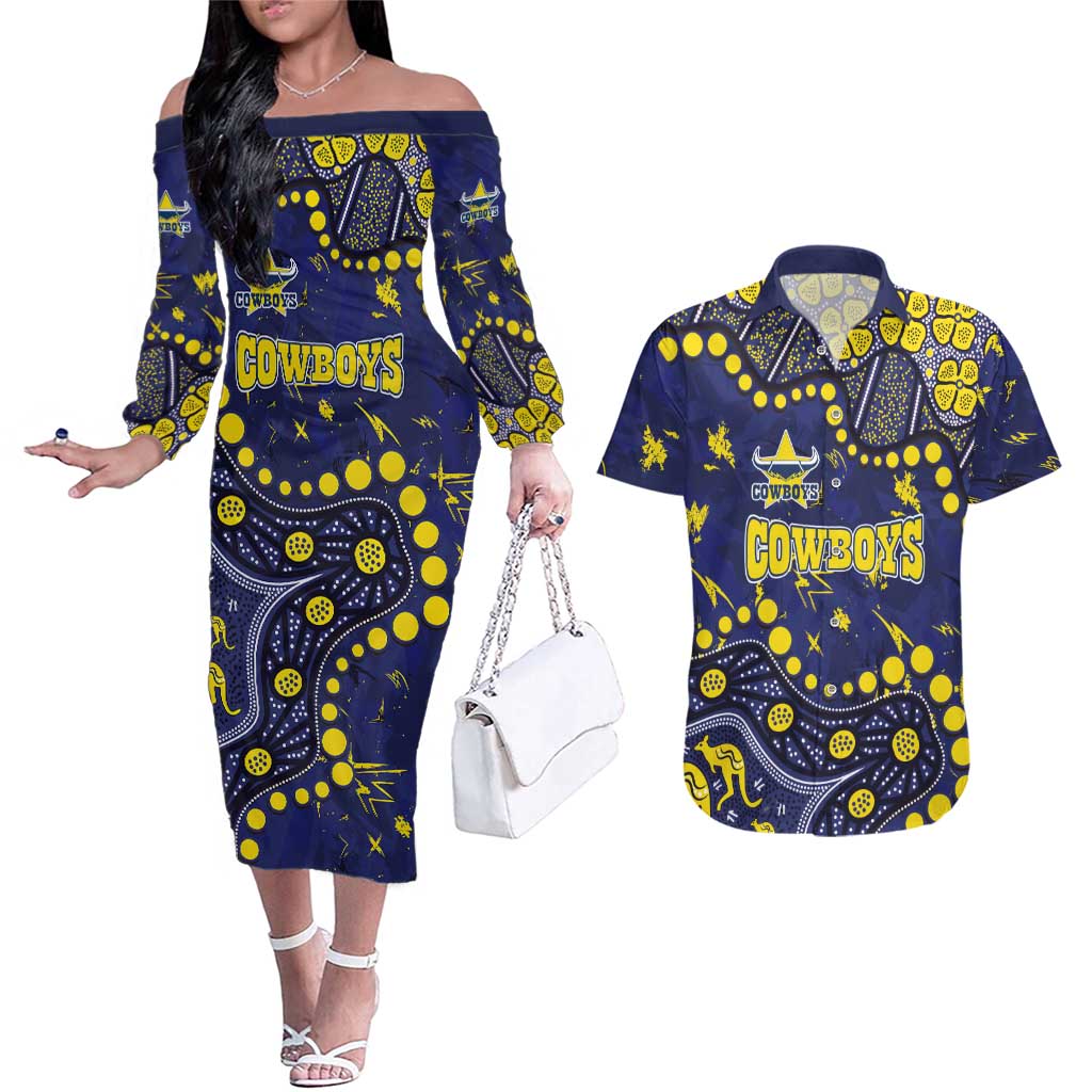 Personalized North Queensland Cowboys Couples Matching Off The Shoulder Long Sleeve Dress and Hawaiian Shirt Aboriginal Pattern with Graffiti Style Design