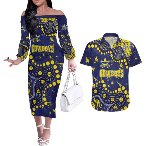 Personalized North Queensland Cowboys Couples Matching Off The Shoulder Long Sleeve Dress and Hawaiian Shirt Aboriginal Pattern with Graffiti Style Design