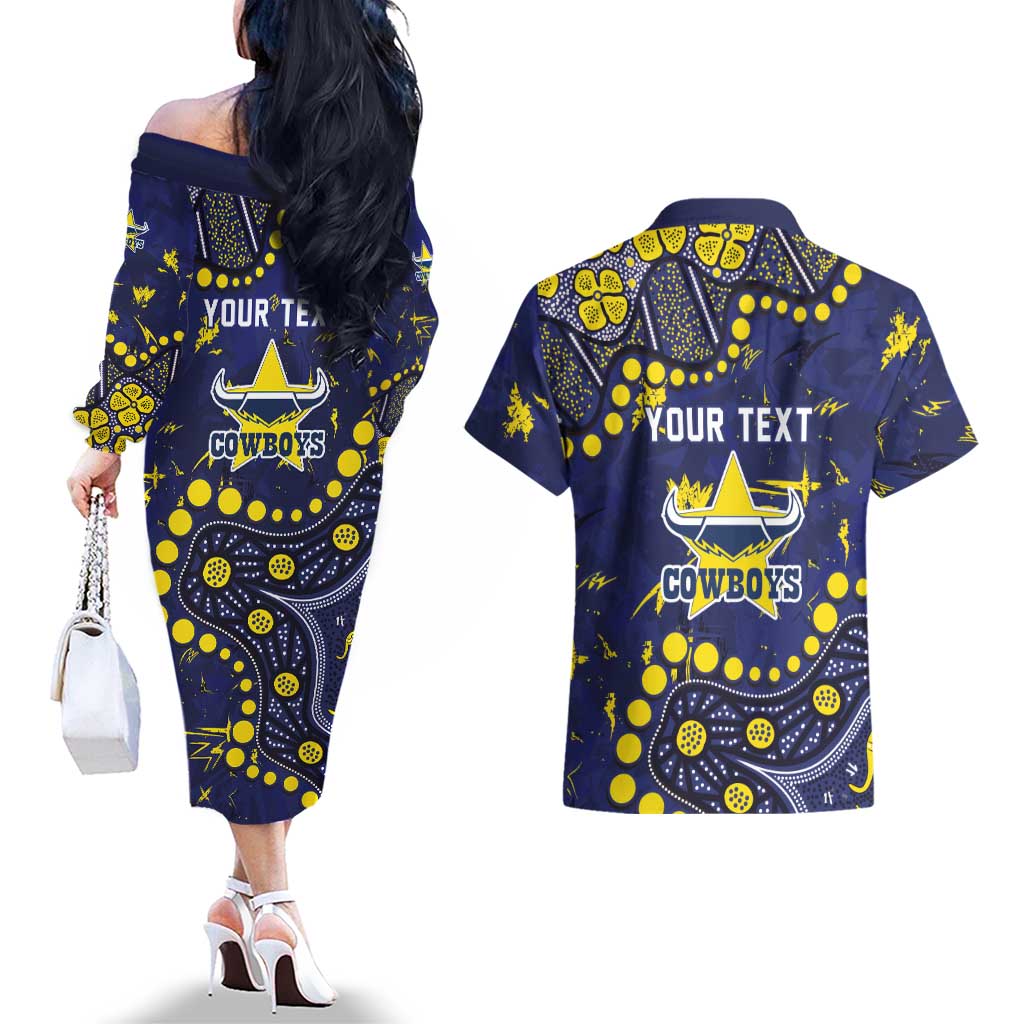Personalized North Queensland Cowboys Couples Matching Off The Shoulder Long Sleeve Dress and Hawaiian Shirt Aboriginal Pattern with Graffiti Style Design