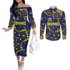 Personalized North Queensland Cowboys Couples Matching Off The Shoulder Long Sleeve Dress and Long Sleeve Button Shirt Aboriginal Pattern with Graffiti Style Design
