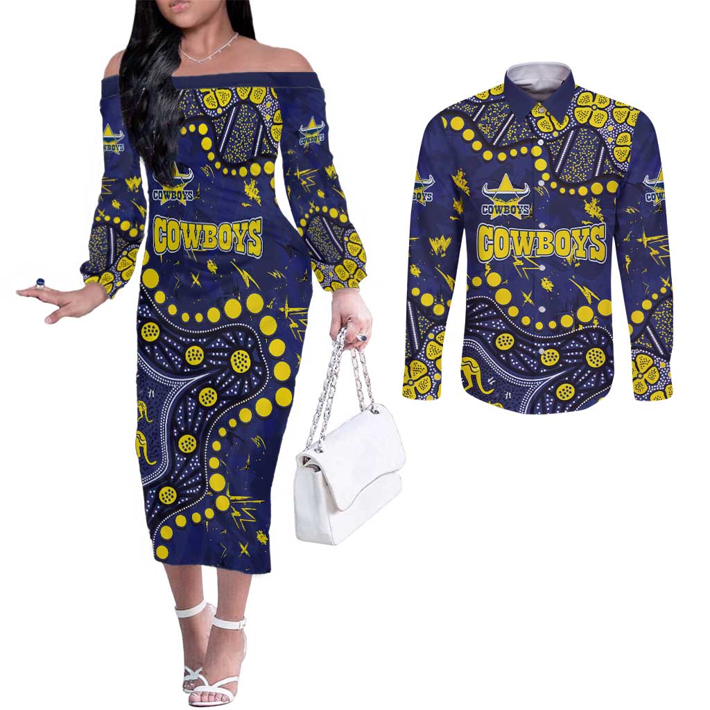 Personalized North Queensland Cowboys Couples Matching Off The Shoulder Long Sleeve Dress and Long Sleeve Button Shirt Aboriginal Pattern with Graffiti Style Design