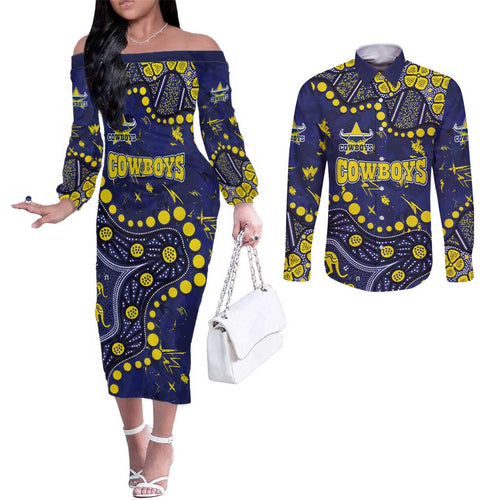 Personalized North Queensland Cowboys Couples Matching Off The Shoulder Long Sleeve Dress and Long Sleeve Button Shirt Aboriginal Pattern with Graffiti Style Design