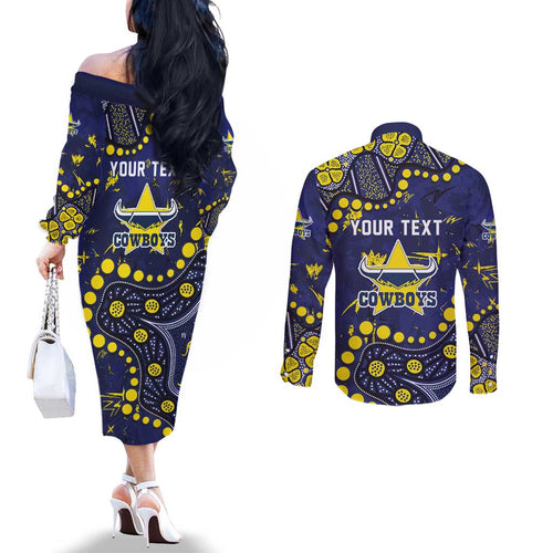 Personalized North Queensland Cowboys Couples Matching Off The Shoulder Long Sleeve Dress and Long Sleeve Button Shirt Aboriginal Pattern with Graffiti Style Design