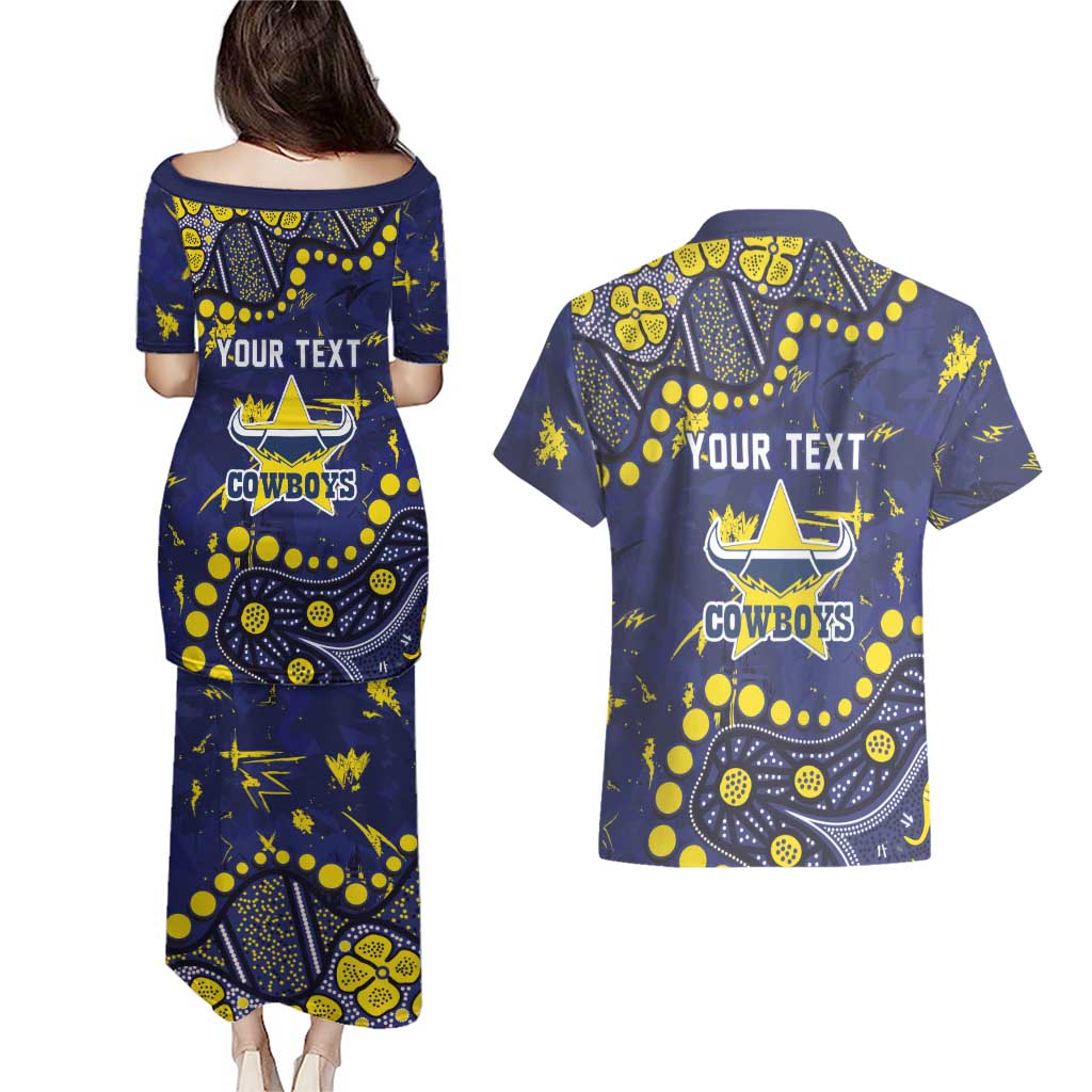 Personalized North Queensland Cowboys Couples Matching Puletasi and Hawaiian Shirt Aboriginal Pattern with Graffiti Style Design