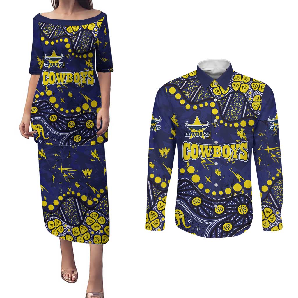 Personalized North Queensland Cowboys Couples Matching Puletasi and Long Sleeve Button Shirt Aboriginal Pattern with Graffiti Style Design