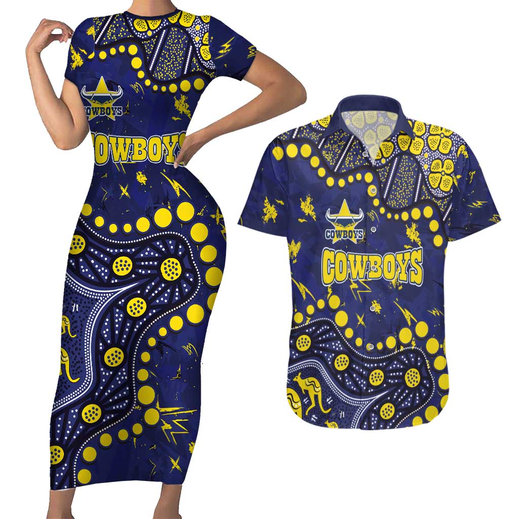 Personalized North Queensland Cowboys Couples Matching Short Sleeve Bodycon Dress and Hawaiian Shirt Aboriginal Pattern with Graffiti Style Design