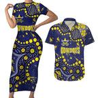 Personalized North Queensland Cowboys Couples Matching Short Sleeve Bodycon Dress and Hawaiian Shirt Aboriginal Pattern with Graffiti Style Design
