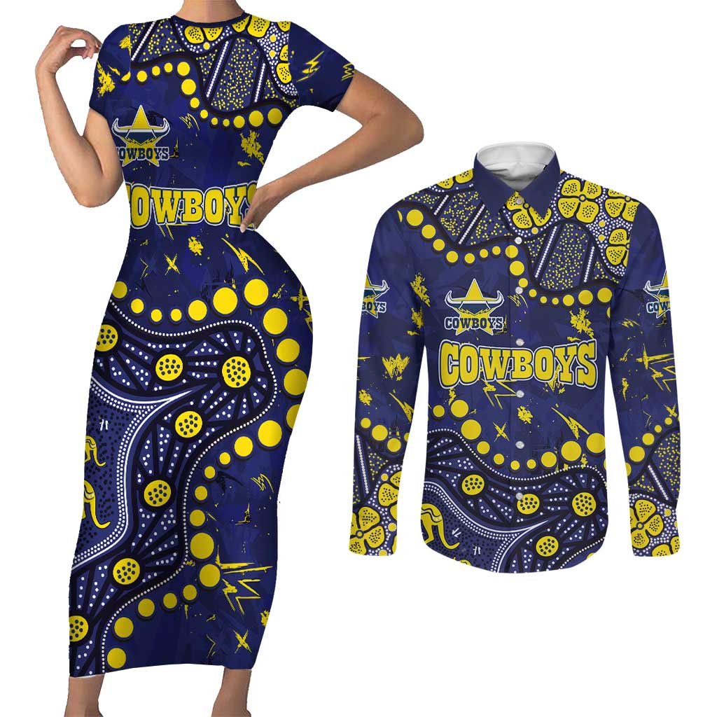 Personalized North Queensland Cowboys Couples Matching Short Sleeve Bodycon Dress and Long Sleeve Button Shirt Aboriginal Pattern with Graffiti Style Design