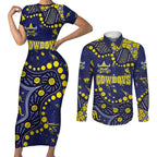 Personalized North Queensland Cowboys Couples Matching Short Sleeve Bodycon Dress and Long Sleeve Button Shirt Aboriginal Pattern with Graffiti Style Design