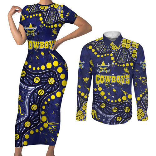Personalized North Queensland Cowboys Couples Matching Short Sleeve Bodycon Dress and Long Sleeve Button Shirt Aboriginal Pattern with Graffiti Style Design