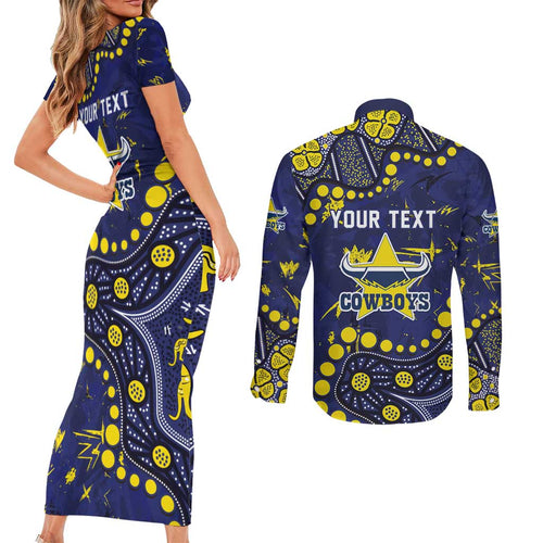 Personalized North Queensland Cowboys Couples Matching Short Sleeve Bodycon Dress and Long Sleeve Button Shirt Aboriginal Pattern with Graffiti Style Design