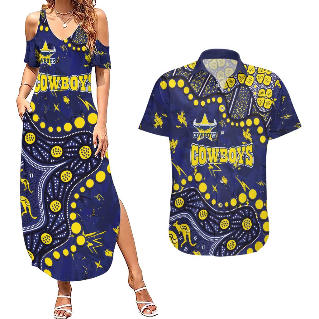 Personalized North Queensland Cowboys Couples Matching Summer Maxi Dress and Hawaiian Shirt Aboriginal Pattern with Graffiti Style Design