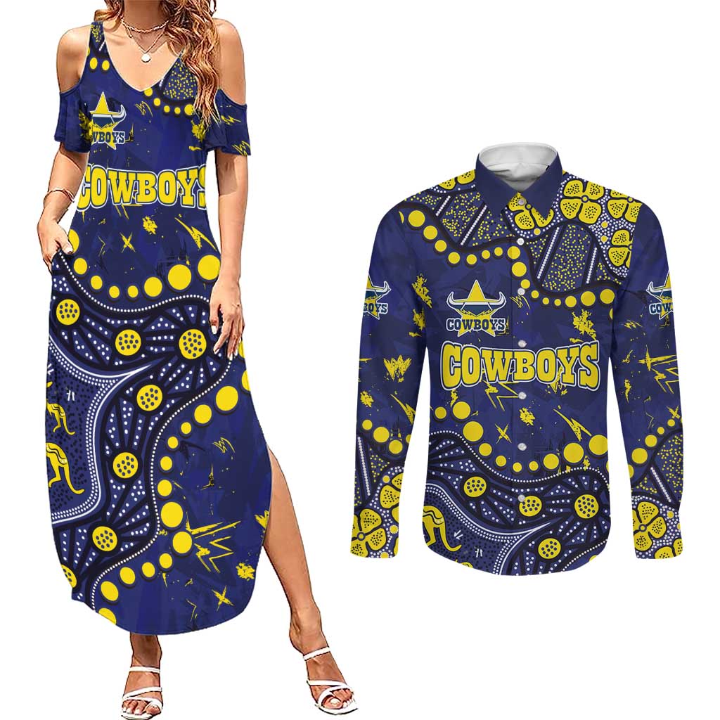 Personalized North Queensland Cowboys Couples Matching Summer Maxi Dress and Long Sleeve Button Shirt Aboriginal Pattern with Graffiti Style Design