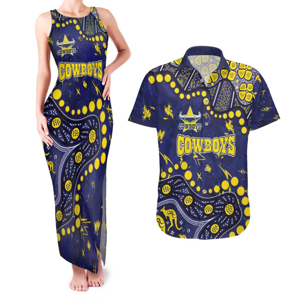 Personalized North Queensland Cowboys Couples Matching Tank Maxi Dress and Hawaiian Shirt Aboriginal Pattern with Graffiti Style Design