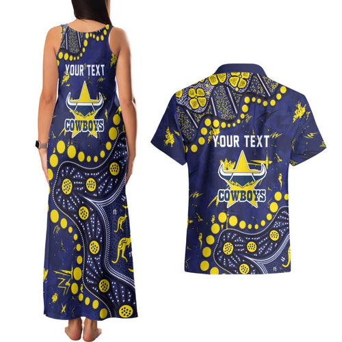 Personalized North Queensland Cowboys Couples Matching Tank Maxi Dress and Hawaiian Shirt Aboriginal Pattern with Graffiti Style Design
