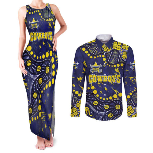 Personalized North Queensland Cowboys Couples Matching Tank Maxi Dress and Long Sleeve Button Shirt Aboriginal Pattern with Graffiti Style Design