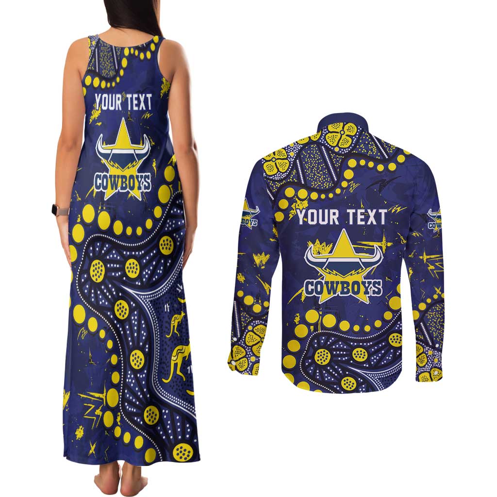 Personalized North Queensland Cowboys Couples Matching Tank Maxi Dress and Long Sleeve Button Shirt Aboriginal Pattern with Graffiti Style Design