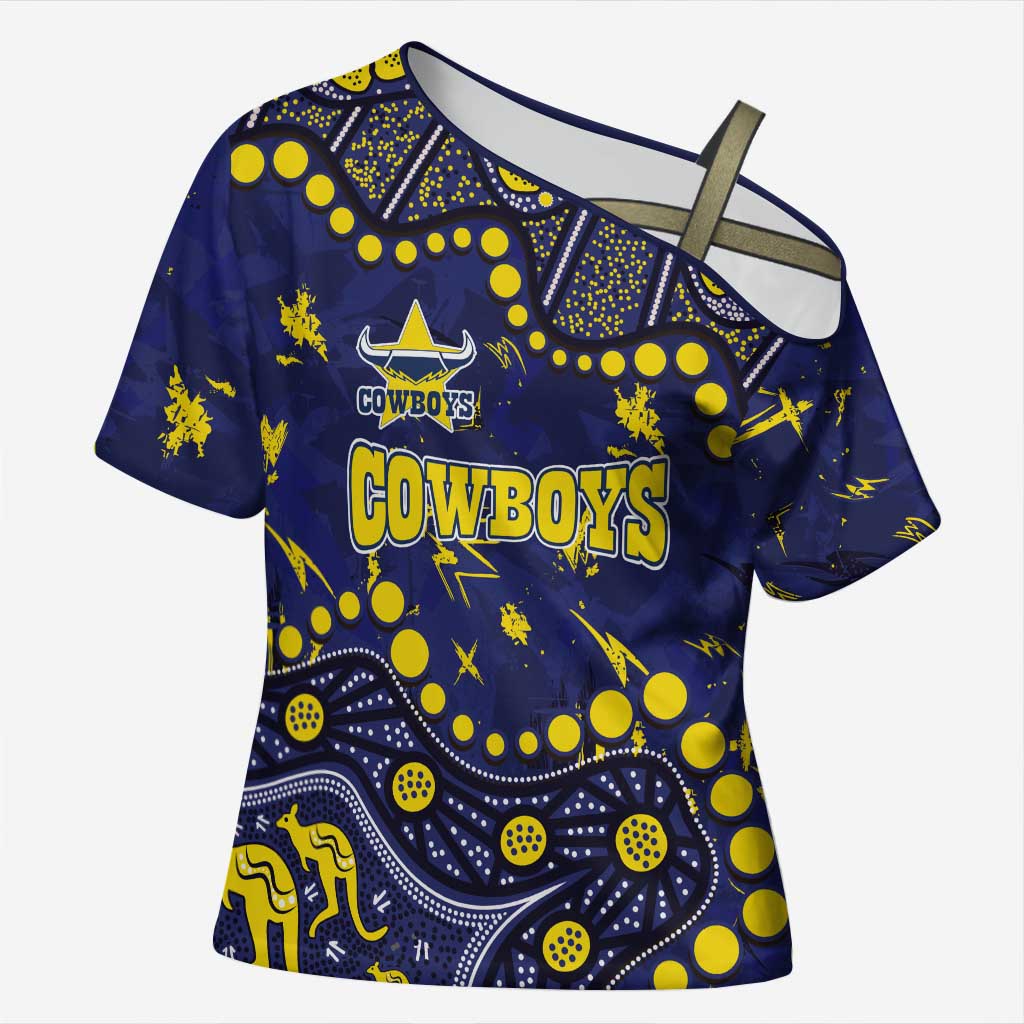 Personalized North Queensland Cowboys Cross Shoulder Shirt Aboriginal Pattern with Graffiti Style Design