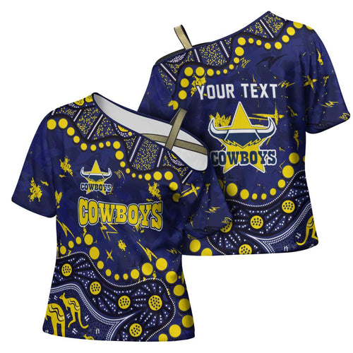 Personalized North Queensland Cowboys Cross Shoulder Shirt Aboriginal Pattern with Graffiti Style Design