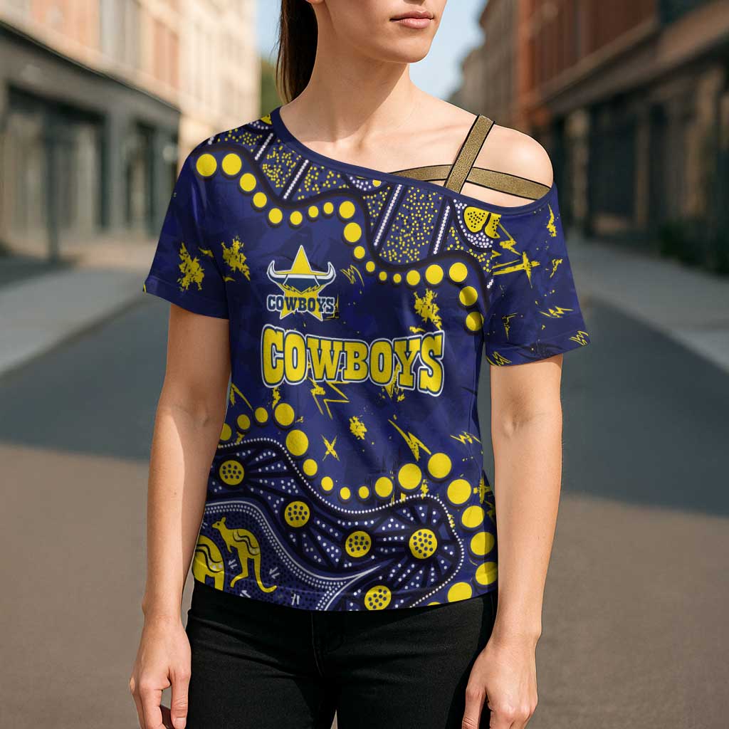 Personalized North Queensland Cowboys Cross Shoulder Shirt Aboriginal Pattern with Graffiti Style Design