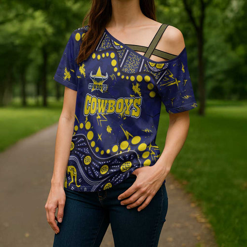 Personalized North Queensland Cowboys Cross Shoulder Shirt Aboriginal Pattern with Graffiti Style Design