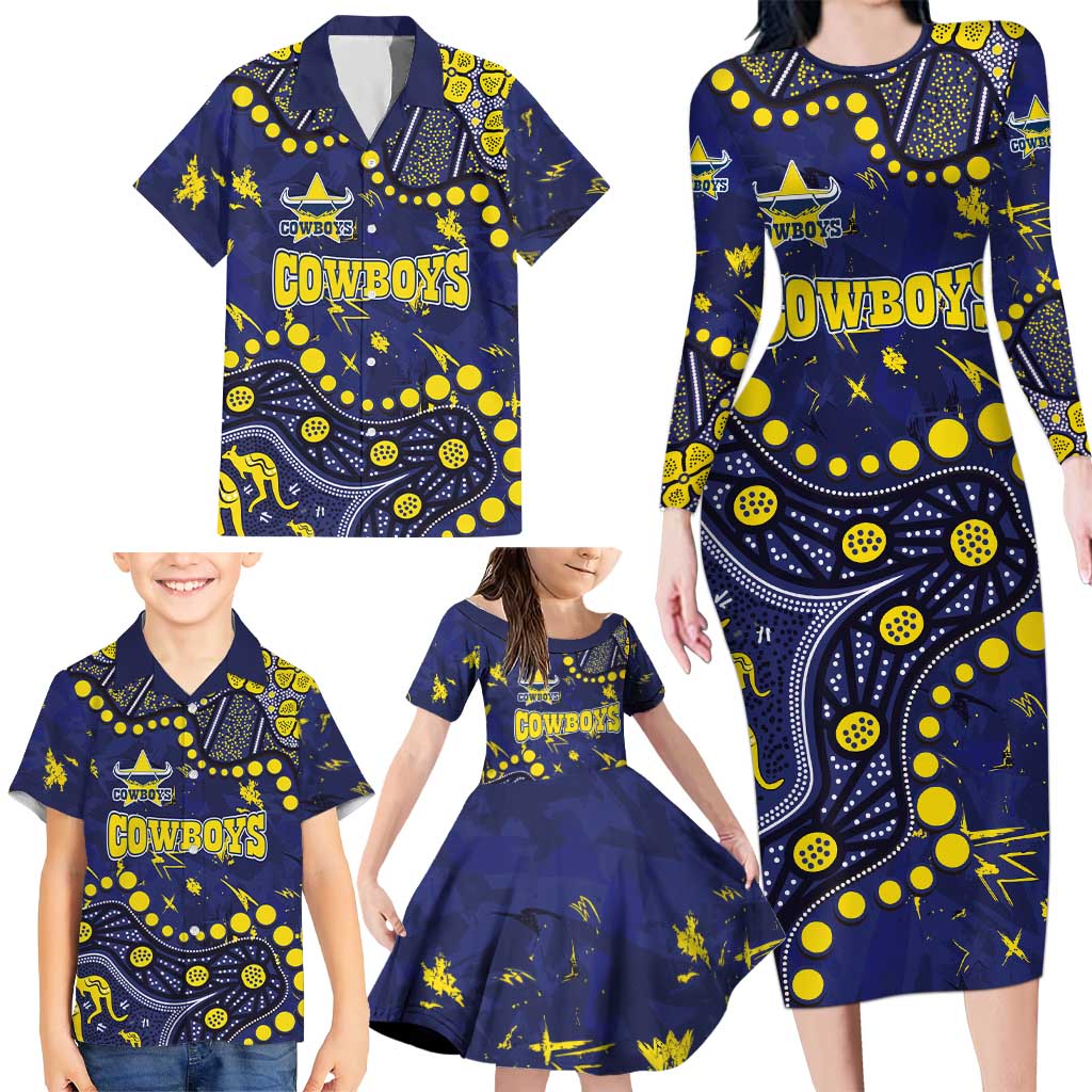 Personalized North Queensland Cowboys Family Matching Long Sleeve Bodycon Dress and Hawaiian Shirt Aboriginal Pattern with Graffiti Style Design