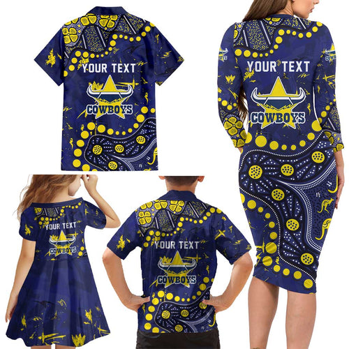 Personalized North Queensland Cowboys Family Matching Long Sleeve Bodycon Dress and Hawaiian Shirt Aboriginal Pattern with Graffiti Style Design