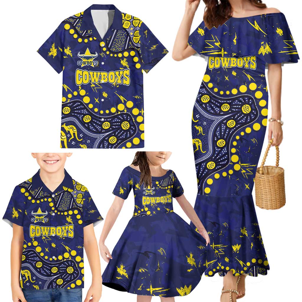 Personalized North Queensland Cowboys Family Matching Mermaid Dress and Hawaiian Shirt Aboriginal Pattern with Graffiti Style Design