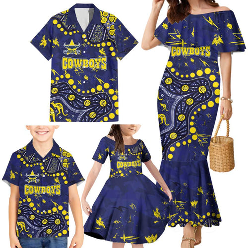 Personalized North Queensland Cowboys Family Matching Mermaid Dress and Hawaiian Shirt Aboriginal Pattern with Graffiti Style Design