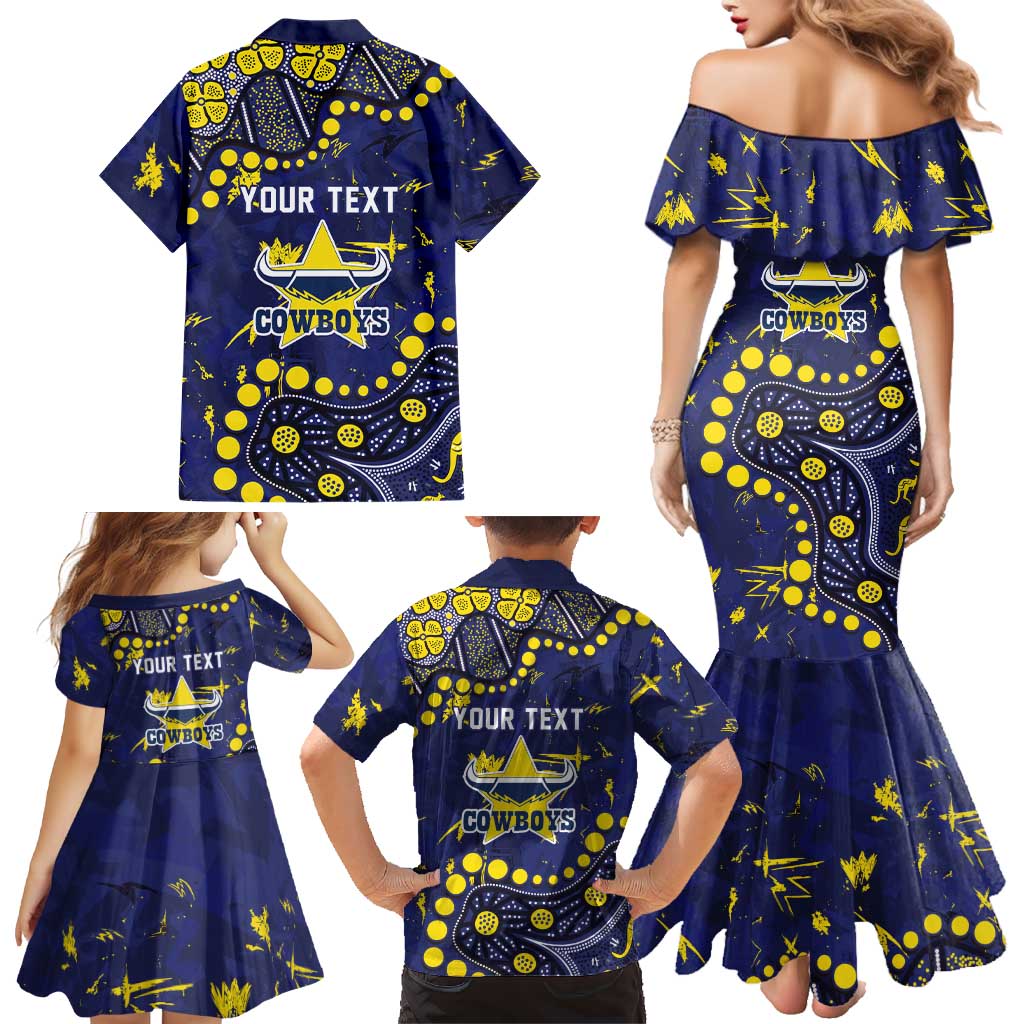 Personalized North Queensland Cowboys Family Matching Mermaid Dress and Hawaiian Shirt Aboriginal Pattern with Graffiti Style Design