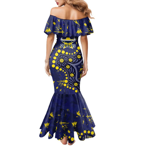 Personalized North Queensland Cowboys Family Matching Mermaid Dress and Hawaiian Shirt Aboriginal Pattern with Graffiti Style Design