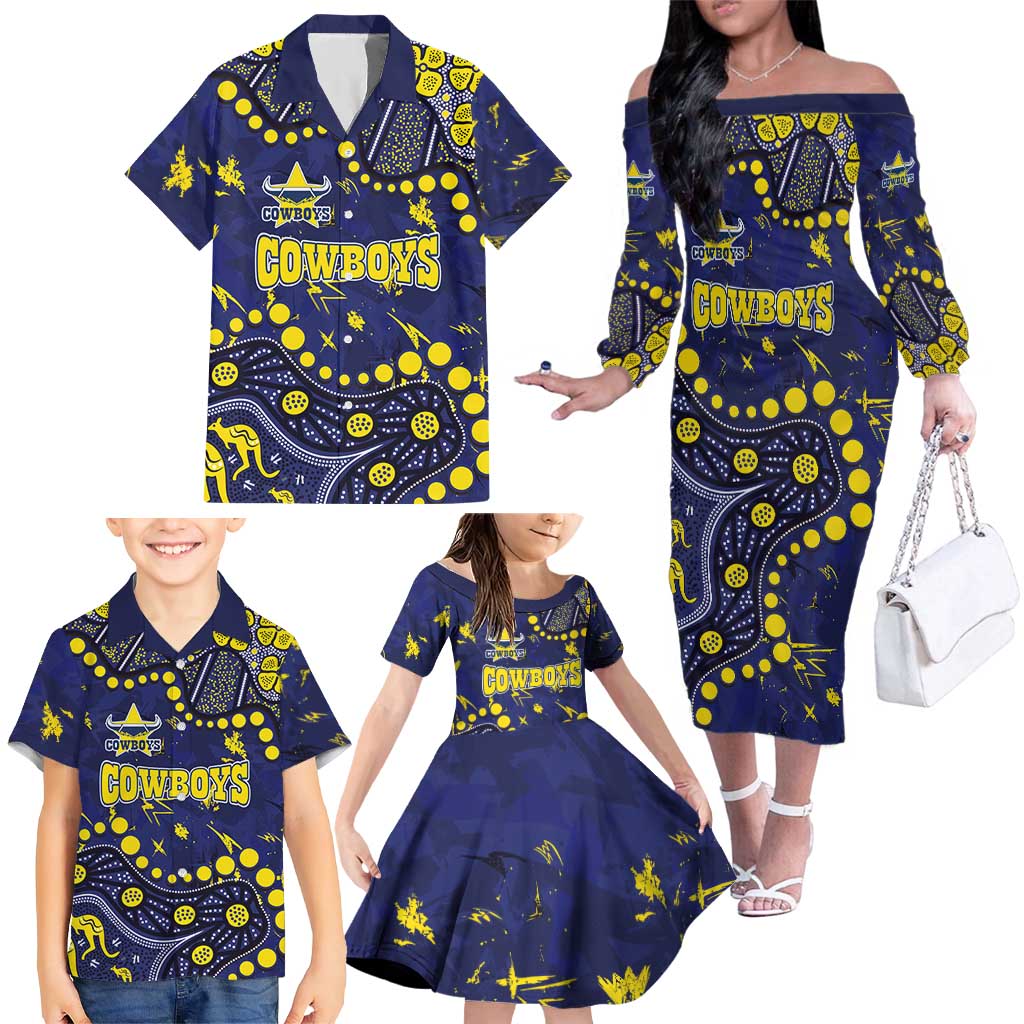 Personalized North Queensland Cowboys Family Matching Off The Shoulder Long Sleeve Dress and Hawaiian Shirt Aboriginal Pattern with Graffiti Style Design